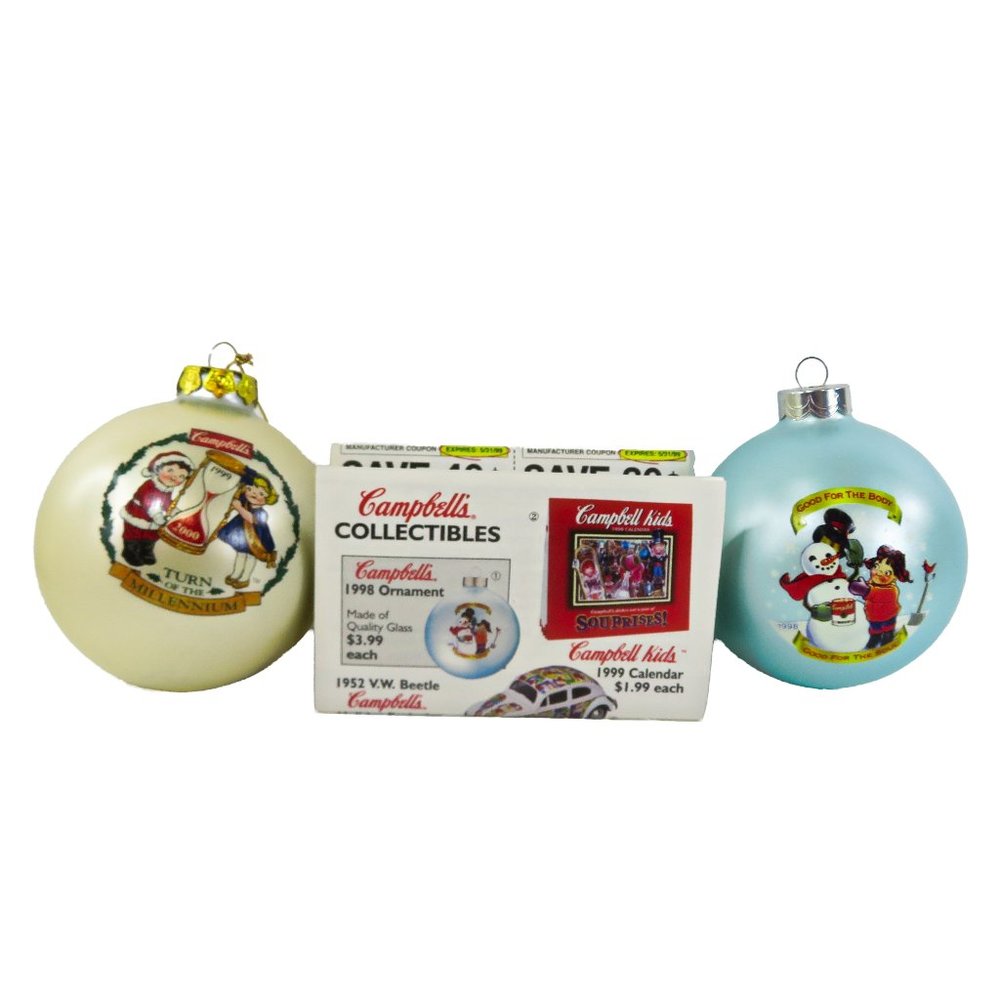 TWO (2) Collector's Edition 1998 & 1999 CAMPBELL'S SOUP Christmas Ornaments BOX